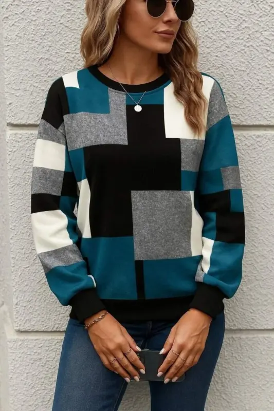 Kadın Uzun Kollu Bisiklet Yaka Renkli Blok Baskı Dalgıç Bluz - 3
