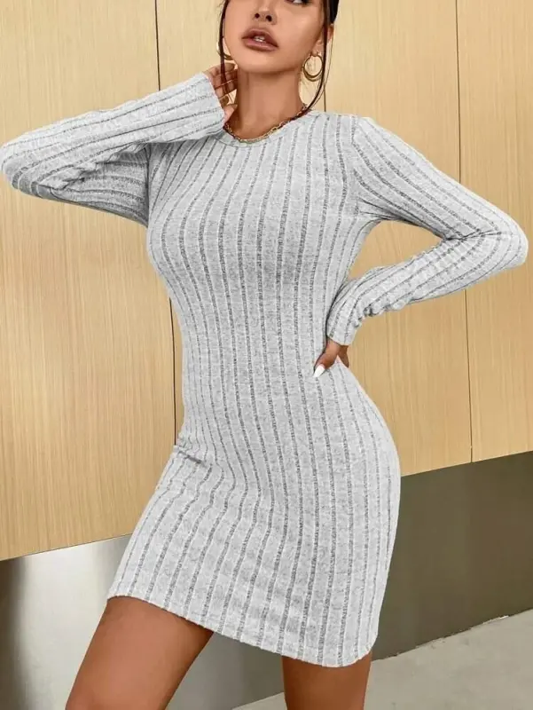 Kadın Uzun Kollu Bisiklet Yaka şardonlu Kalın Fitilli Kaşkorse Mini Boy Elbise - 6