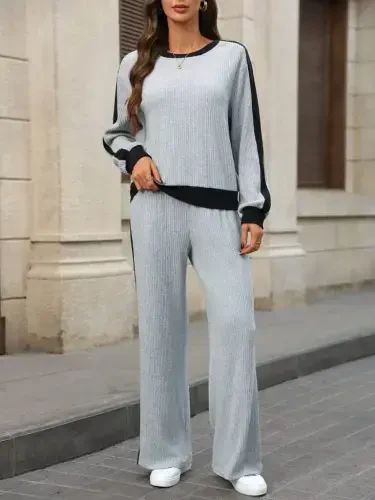 Kadın Uzun Kollu Bisiklet Yaka şardonlu Kaşkorse Bluz Ve Pantolon Ikili Takım - 3