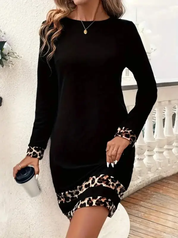 Kadın Uzun Kollu Bisiklet Yaka şerit Leopar Desenli Kısa Dalgıç Elbise - 6