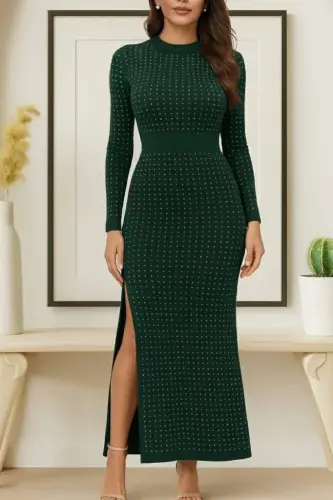 Kadın Uzun Kollu Bisiklet Yaka Taşlı Midi Kadife Elbise - 3