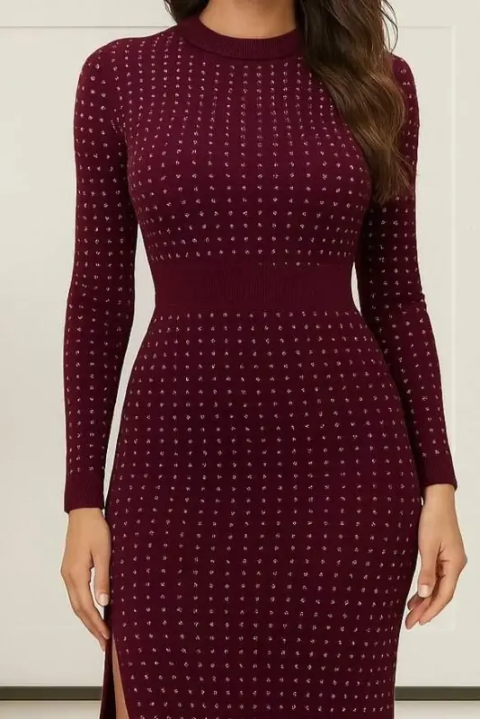 Kadın Uzun Kollu Bisiklet Yaka Taşlı Midi Kadife Elbise - 2