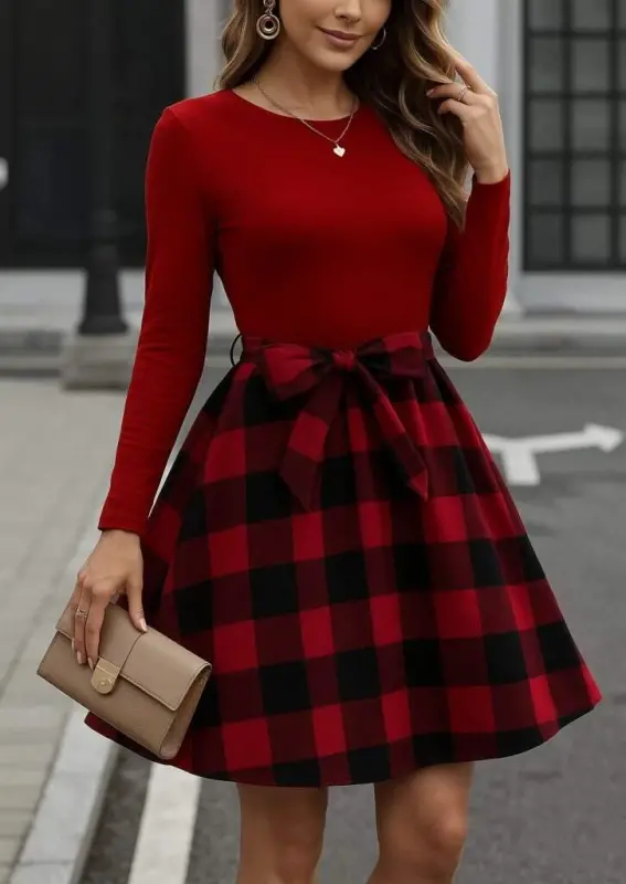 Kadın Uzun Kollu Bisiklet Yaka üst Viskon Alt Ekose Kısa Elbise - 2