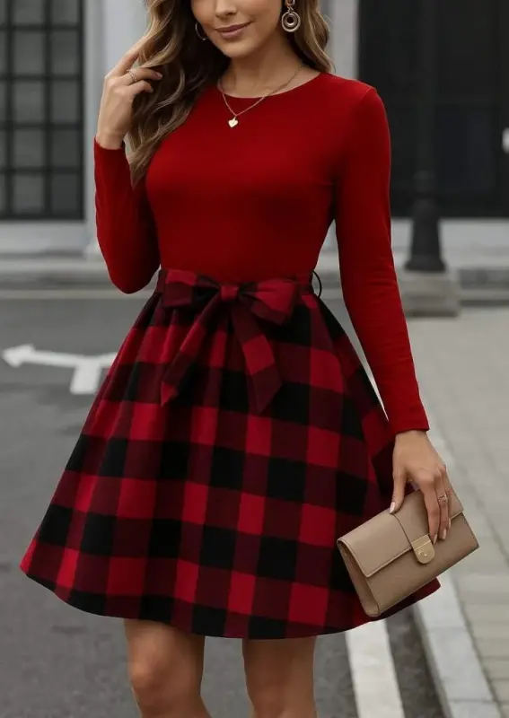 Kadın Uzun Kollu Bisiklet Yaka üst Viskon Alt Ekose Kısa Elbise - BÜYÜKBEDENIZ