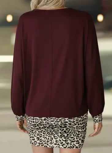 Kadın Uzun Kollu Bisiklet Yaka üst Viskon Iki Iplik Alt Leopar Desenli Mini Elbise - 4