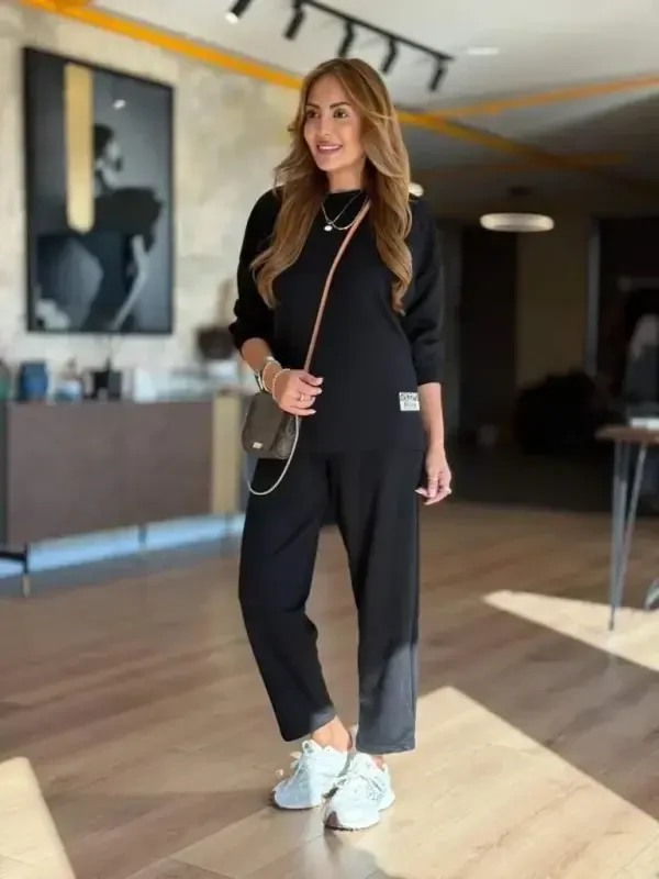 Kadın Uzun Kollu Bisiklet Yaka Viskon Iki Iplik Bluz Ve Pantolon Ikili Takım - 3