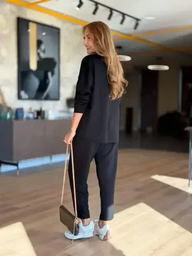 Kadın Uzun Kollu Bisiklet Yaka Viskon Iki Iplik Bluz Ve Pantolon Ikili Takım - 4