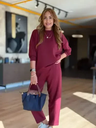 Kadın Uzun Kollu Bisiklet Yaka Viskon Iki Iplik Bluz Ve Pantolon Ikili Takım - 1