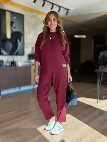 Kadın Uzun Kollu Bisiklet Yaka Viskon Iki Iplik Bluz Ve Pantolon Ikili Takım - 2