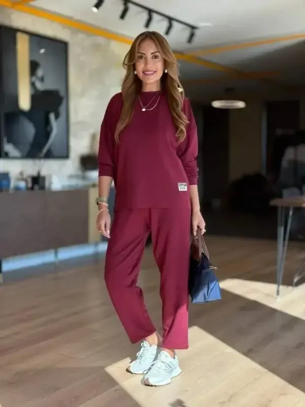 Kadın Uzun Kollu Bisiklet Yaka Viskon Iki Iplik Bluz Ve Pantolon Ikili Takım - 2