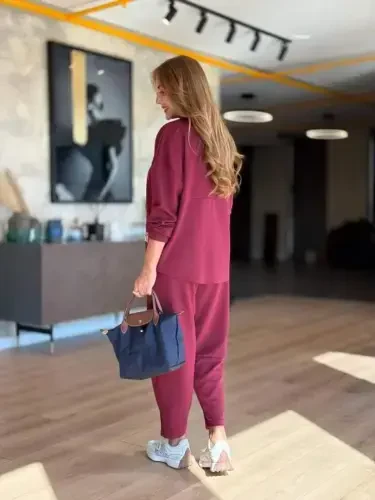 Kadın Uzun Kollu Bisiklet Yaka Viskon Iki Iplik Bluz Ve Pantolon Ikili Takım - 4