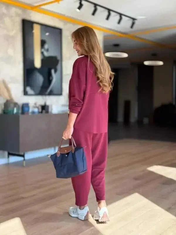 Kadın Uzun Kollu Bisiklet Yaka Viskon Iki Iplik Bluz Ve Pantolon Ikili Takım - 4