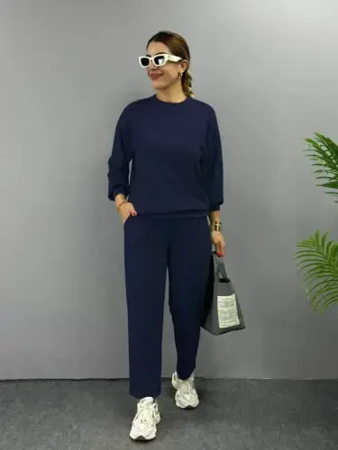 Kadın Uzun Kollu Bisiklet Yaka Viskon Iki Iplik Bluz Ve Pantolon Ikili Takım - 1