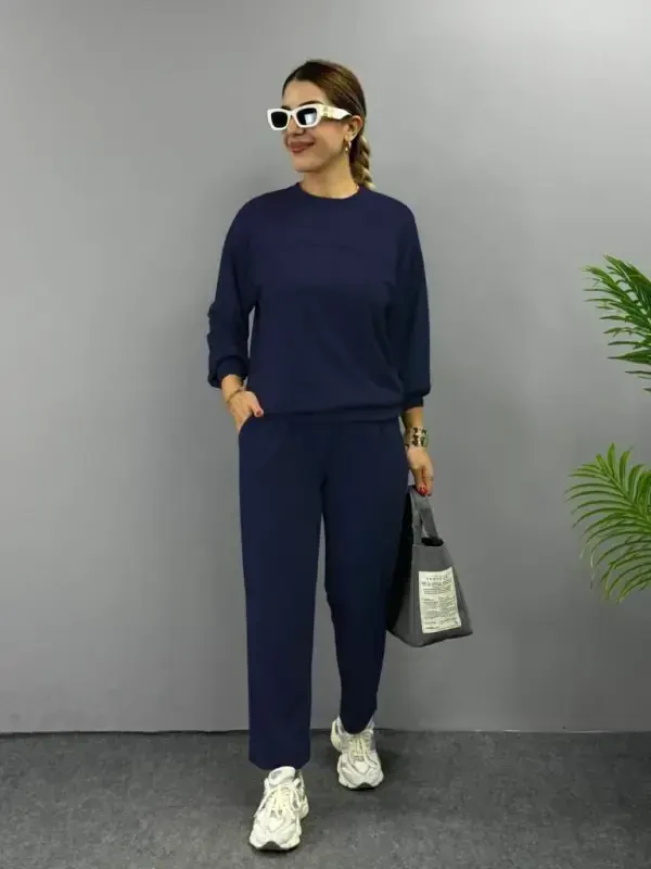 Kadın Uzun Kollu Bisiklet Yaka Viskon Iki Iplik Bluz Ve Pantolon Ikili Takım - 1