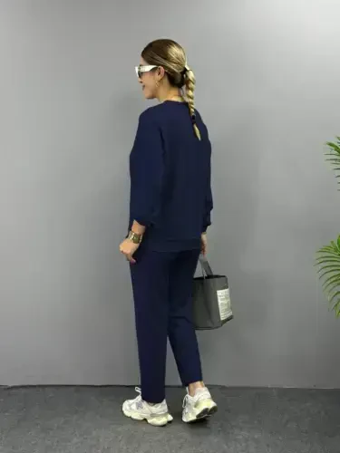 Kadın Uzun Kollu Bisiklet Yaka Viskon Iki Iplik Bluz Ve Pantolon Ikili Takım - 3