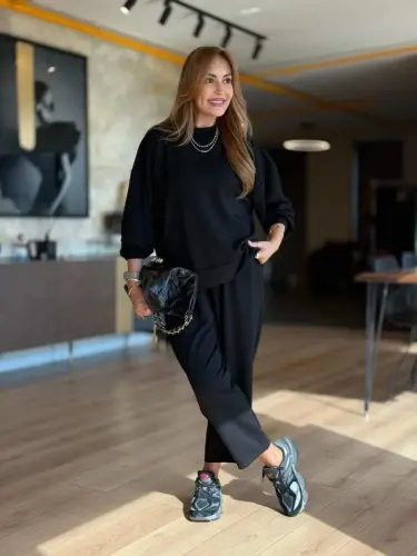 Kadın Uzun Kollu Bisiklet Yaka Viskon Iki Iplik Bluz Ve Pantolon Ikili Takım - 4