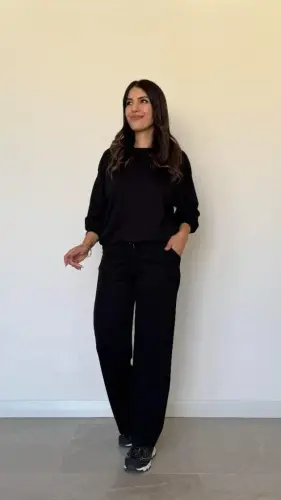 Kadın Uzun Kollu Bisiklet Yaka Viskon Iki Iplik Bluz Ve Pantolon Ikili Takım - 1