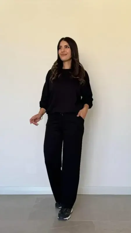 Kadın Uzun Kollu Bisiklet Yaka Viskon Iki Iplik Bluz Ve Pantolon Ikili Takım - BÜYÜKBEDENIZ