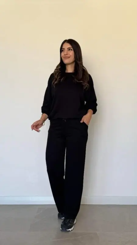 Kadın Uzun Kollu Bisiklet Yaka Viskon Iki Iplik Bluz Ve Pantolon Ikili Takım - 1