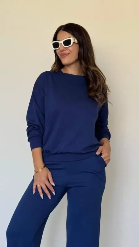 Kadın Uzun Kollu Bisiklet Yaka Viskon Iki Iplik Bluz Ve Pantolon Ikili Takım - 3