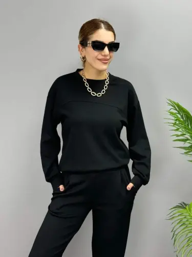 Kadın Uzun Kollu Bisiklet Yaka Viskon Iki Iplik Bluz Ve Pantolon Ikili Takım - 3