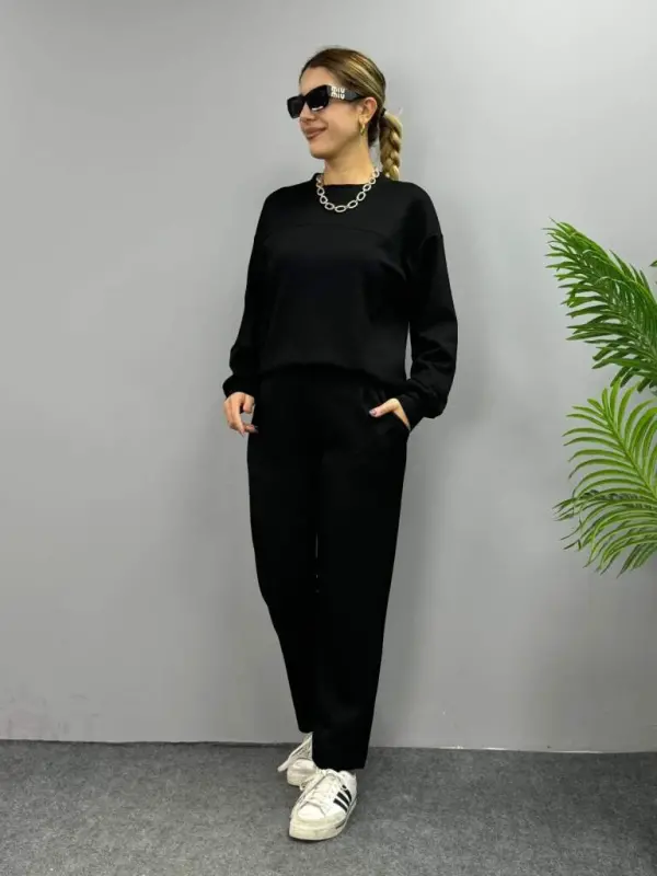 Kadın Uzun Kollu Bisiklet Yaka Viskon Iki Iplik Bluz Ve Pantolon Ikili Takım - BÜYÜKBEDENIZ