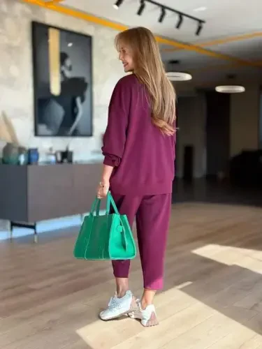 Kadın Uzun Kollu Bisiklet Yaka Viskon Iki Iplik Mor Bluz Ve Pantolon Ikili Takım - 2