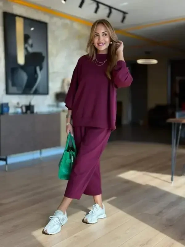 Kadın Uzun Kollu Bisiklet Yaka Viskon Iki Iplik Mor Bluz Ve Pantolon Ikili Takım - 4