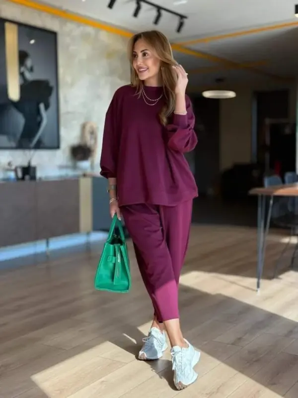 Kadın Uzun Kollu Bisiklet Yaka Viskon Iki Iplik Mor Bluz Ve Pantolon Ikili Takım - 1