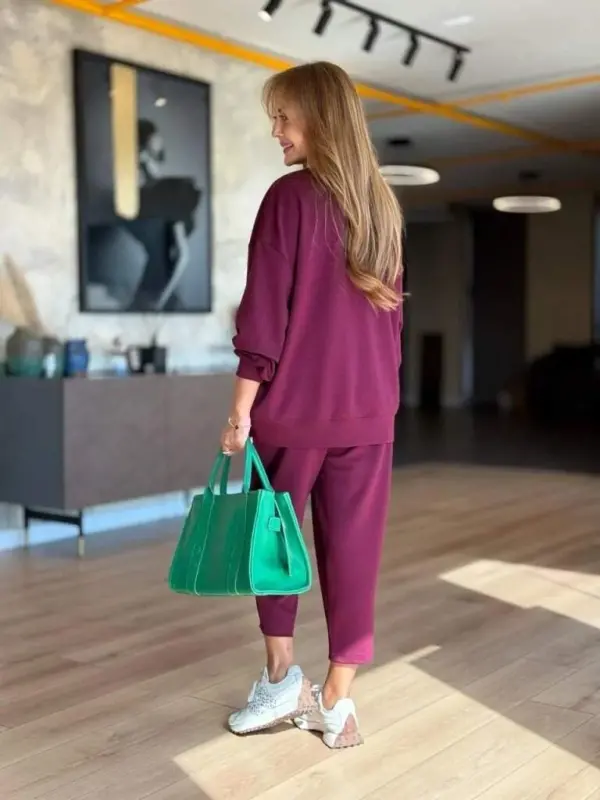 Kadın Uzun Kollu Bisiklet Yaka Viskon Iki Iplik Mor Bluz Ve Pantolon Ikili Takım - 2