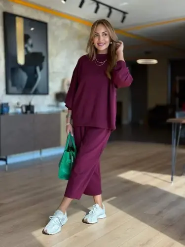 Kadın Uzun Kollu Bisiklet Yaka Viskon Iki Iplik Mor Bluz Ve Pantolon Ikili Takım - 4