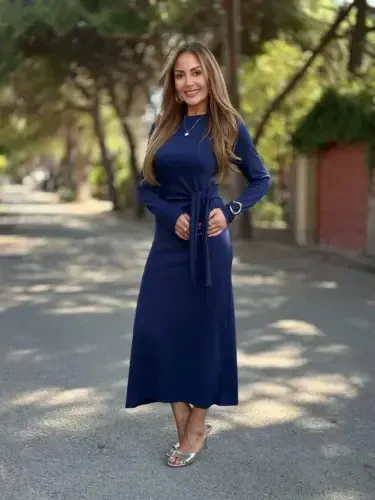 Kadın Uzun Kollu Bisiklet Yaka Yandan Bağlamalı Uzun Modal Elbise - BÜYÜKBEDENIZ (1)