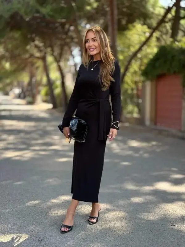 Kadın Uzun Kollu Bisiklet Yaka Yandan Bağlamalı Uzun Modal Elbise - 2