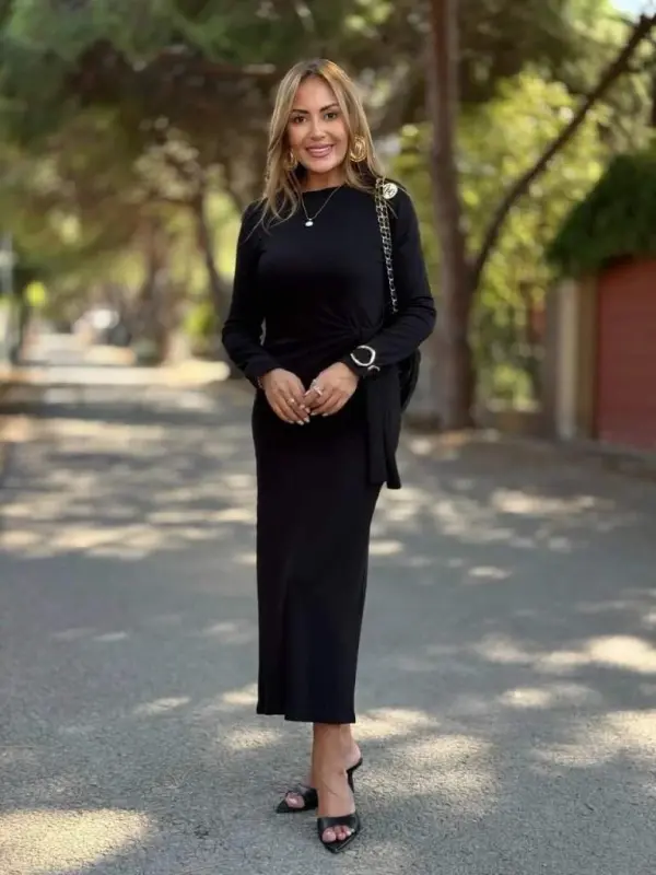 Kadın Uzun Kollu Bisiklet Yaka Yandan Bağlamalı Uzun Modal Elbise - 3