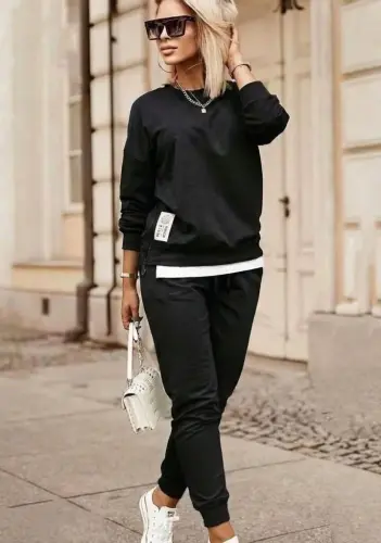 Kadın Uzun Kollu Bisiklet Yaka Yandan Fermuarlı Viskon Iki Iplik Bluz Ve Pantolon Ikili Takım - 3