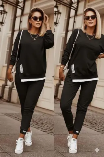 Kadın Uzun Kollu Bisiklet Yaka Yandan Fermuarlı Viskon Iki Iplik Bluz Ve Pantolon Ikili Takım - 1