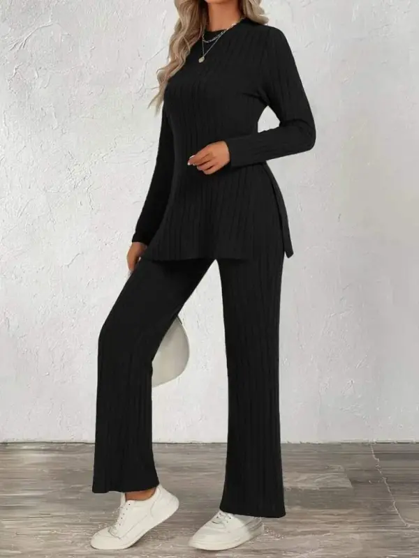Kadın Uzun Kollu Bisiklet Yaka Yandan Yırtmaçlı şardonlu Kaşkorse Bluz Ve Pantolon Ikili Takım - BÜYÜKBEDENIZ