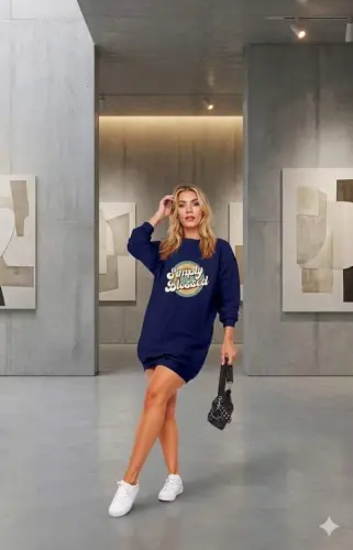 Kadın Uzun Kollu Bisiklet Yaka Yazılı Viskon Iki Iplik Elbise - 1