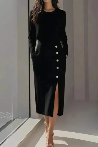 Kadın Uzun Kollu Bisiklet Yakalı Yandan Yırtmaçlı Düğmeli Midi Ithal Krep Elbise - 1