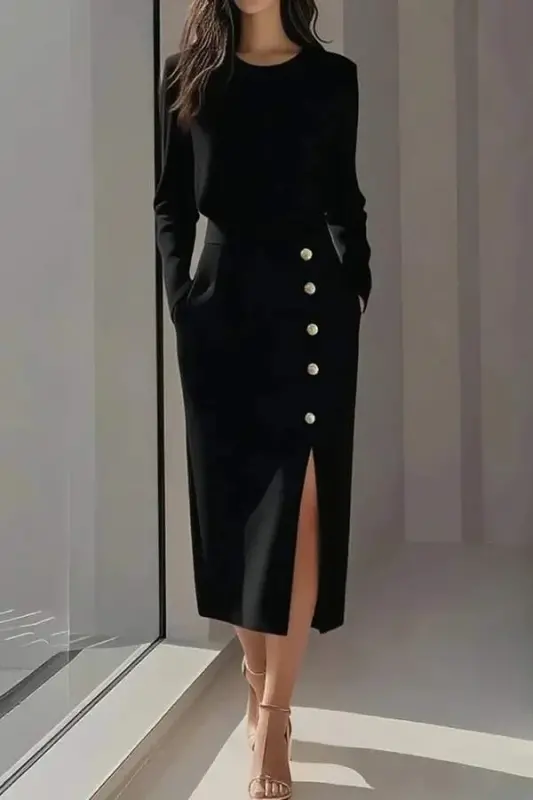 Kadın Uzun Kollu Bisiklet Yakalı Yandan Yırtmaçlı Düğmeli Midi Ithal Krep Elbise - BÜYÜKBEDENIZ