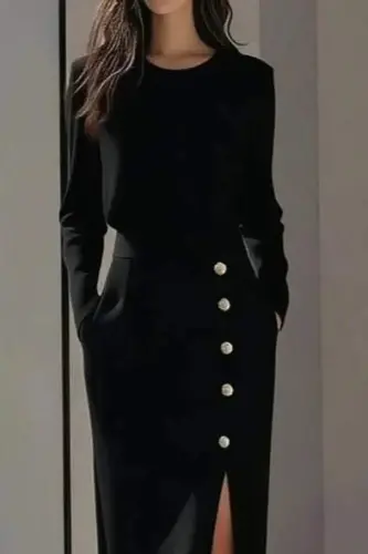 Kadın Uzun Kollu Bisiklet Yakalı Yandan Yırtmaçlı Düğmeli Midi Ithal Krep Elbise - 2