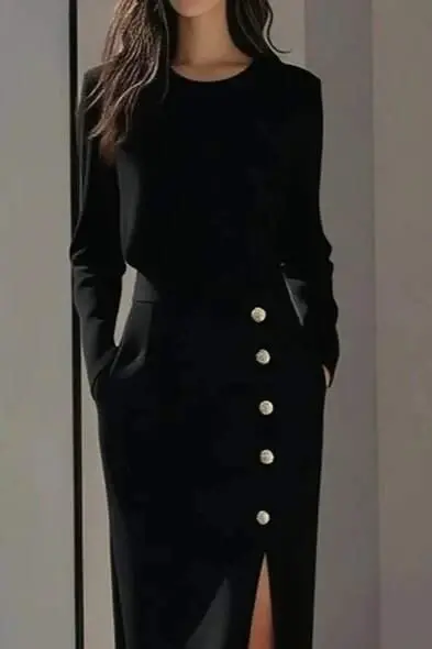 Kadın Uzun Kollu Bisiklet Yakalı Yandan Yırtmaçlı Düğmeli Midi Ithal Krep Elbise - 2