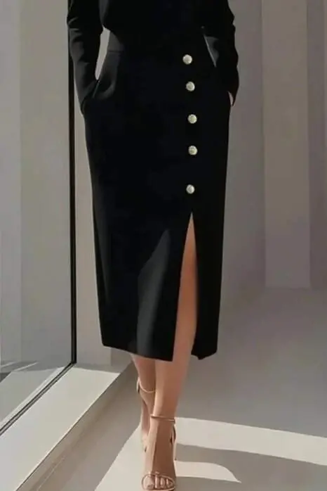 Kadın Uzun Kollu Bisiklet Yakalı Yandan Yırtmaçlı Düğmeli Midi Ithal Krep Elbise - 3