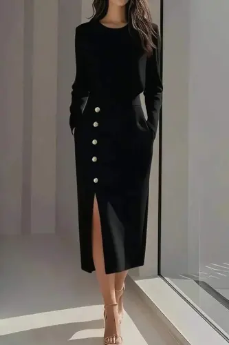 Kadın Uzun Kollu Bisiklet Yakalı Yandan Yırtmaçlı Düğmeli Midi Ithal Krep Elbise - 4