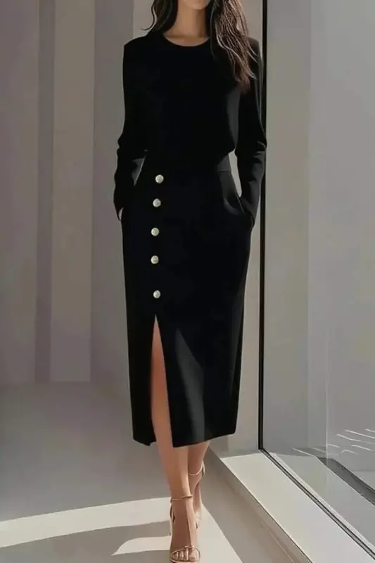 Kadın Uzun Kollu Bisiklet Yakalı Yandan Yırtmaçlı Düğmeli Midi Ithal Krep Elbise - 4