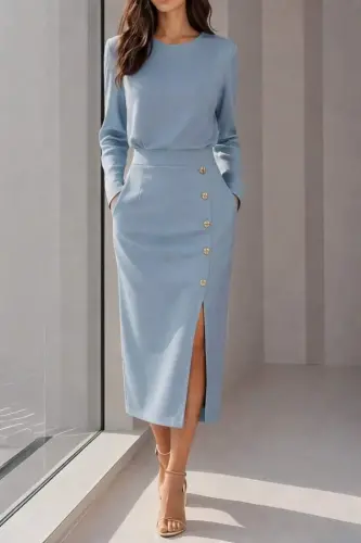 Kadın Uzun Kollu Bisiklet Yakalı Yandan Yırtmaçlı Düğmeli Midi Ithal Krep Elbise - 1