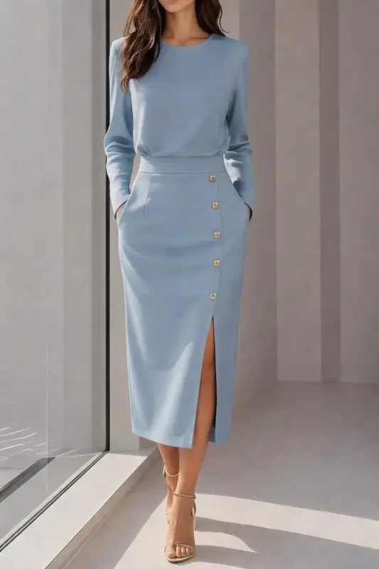 Kadın Uzun Kollu Bisiklet Yakalı Yandan Yırtmaçlı Düğmeli Midi Ithal Krep Elbise - 1