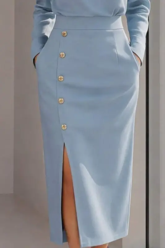 Kadın Uzun Kollu Bisiklet Yakalı Yandan Yırtmaçlı Düğmeli Midi Ithal Krep Elbise - 2