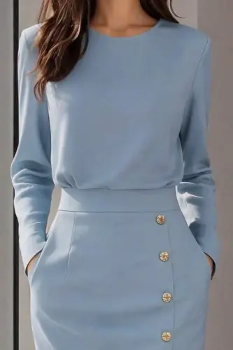 Kadın Uzun Kollu Bisiklet Yakalı Yandan Yırtmaçlı Düğmeli Midi Ithal Krep Elbise - 3