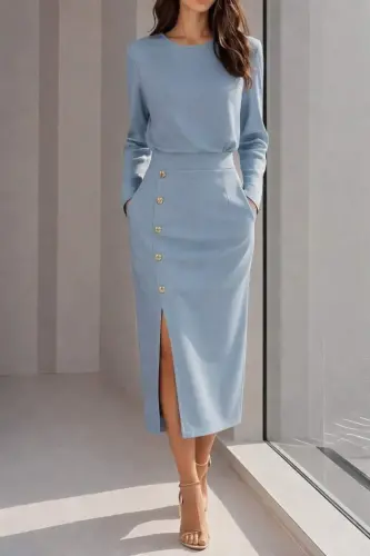 Kadın Uzun Kollu Bisiklet Yakalı Yandan Yırtmaçlı Düğmeli Midi Ithal Krep Elbise - 4